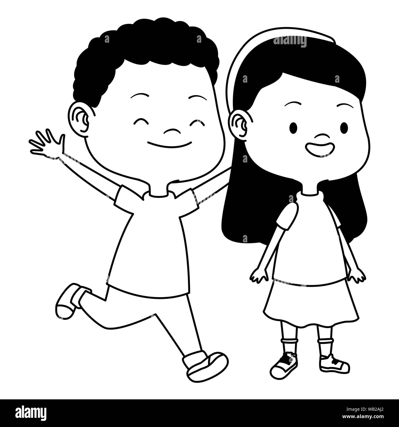 Cute happy kids having fun cartoons in black and white Stock Vector ...