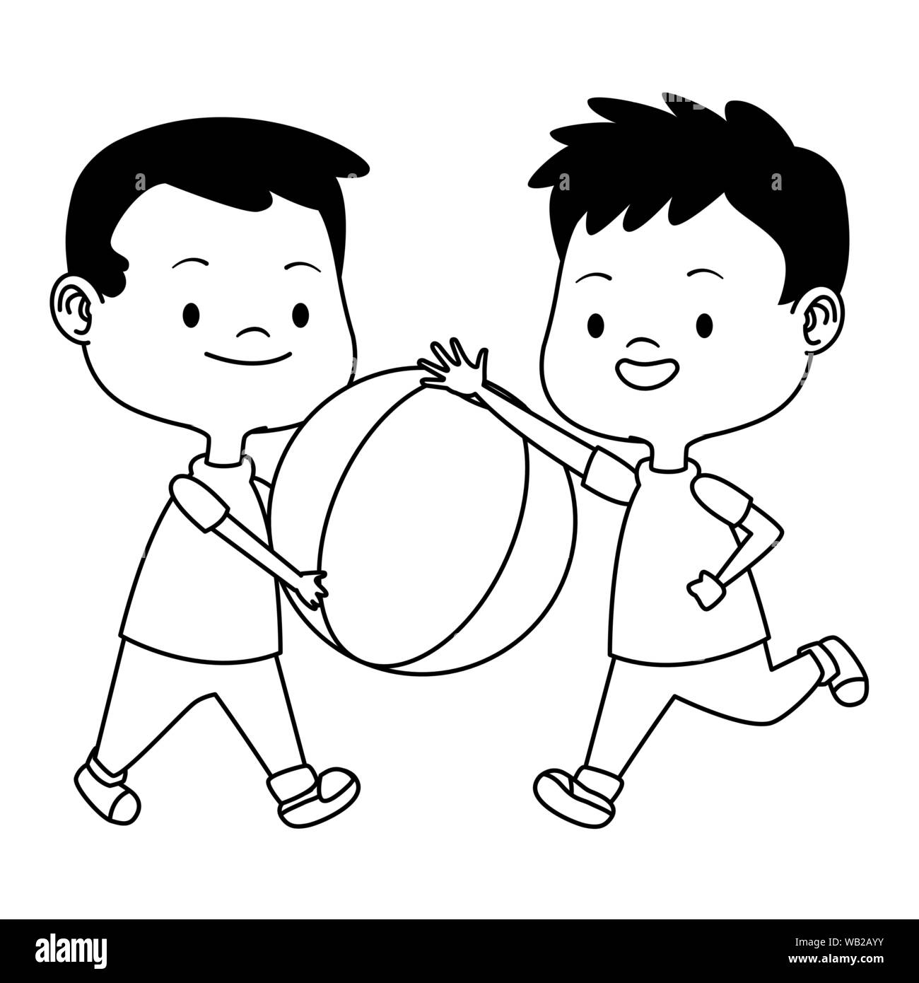 Cute happy kids having fun cartoons in black and white Stock Vector