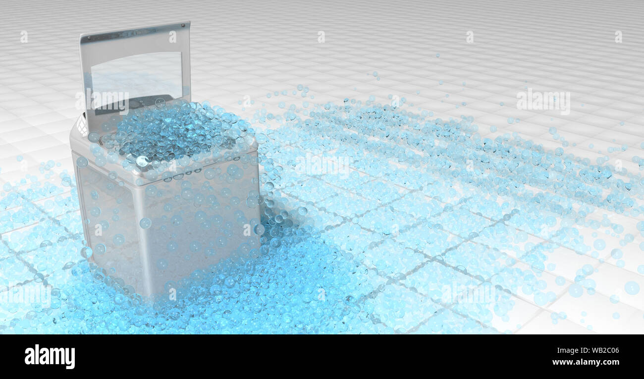White clothes washing machine with the door open on top of which blue round bubbles overflowing the floor of white squares overflow. 3D Illustration Stock Photo