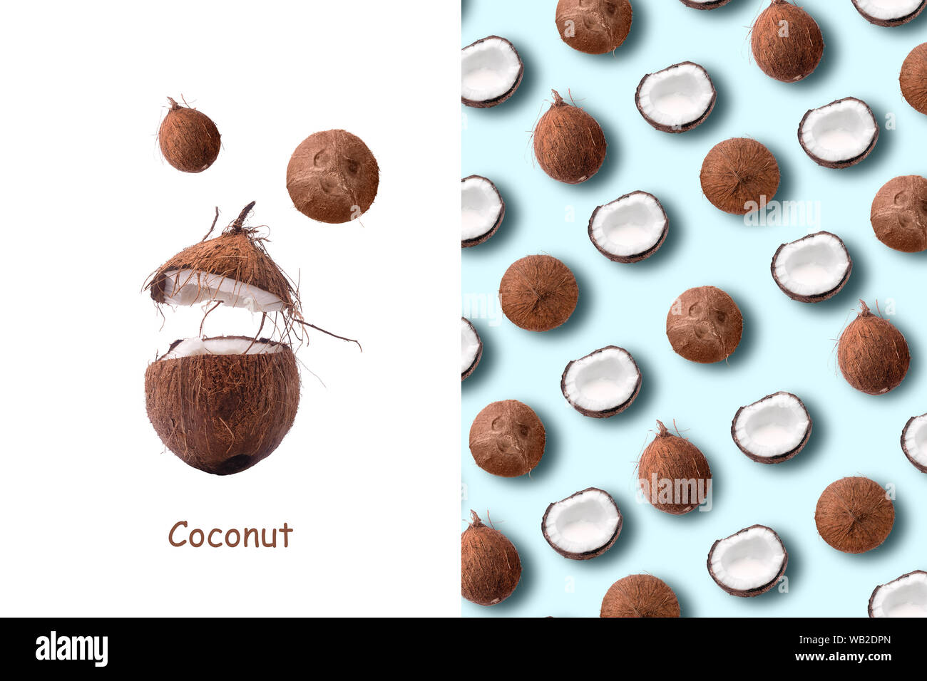 Creative layout made of coconut pattern on pastel blue background. Stock Photo
