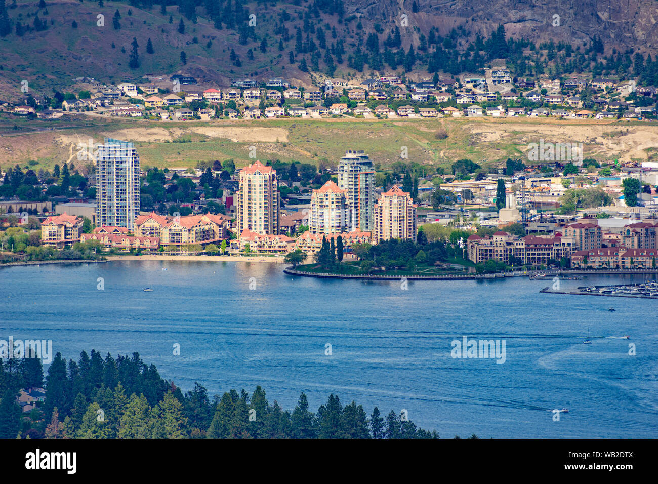 A view of the Kelowna Skyline and Okanagan Lake from Mount Boucherie in West Kelowna British Columbia Canada in the summer Stock Photo