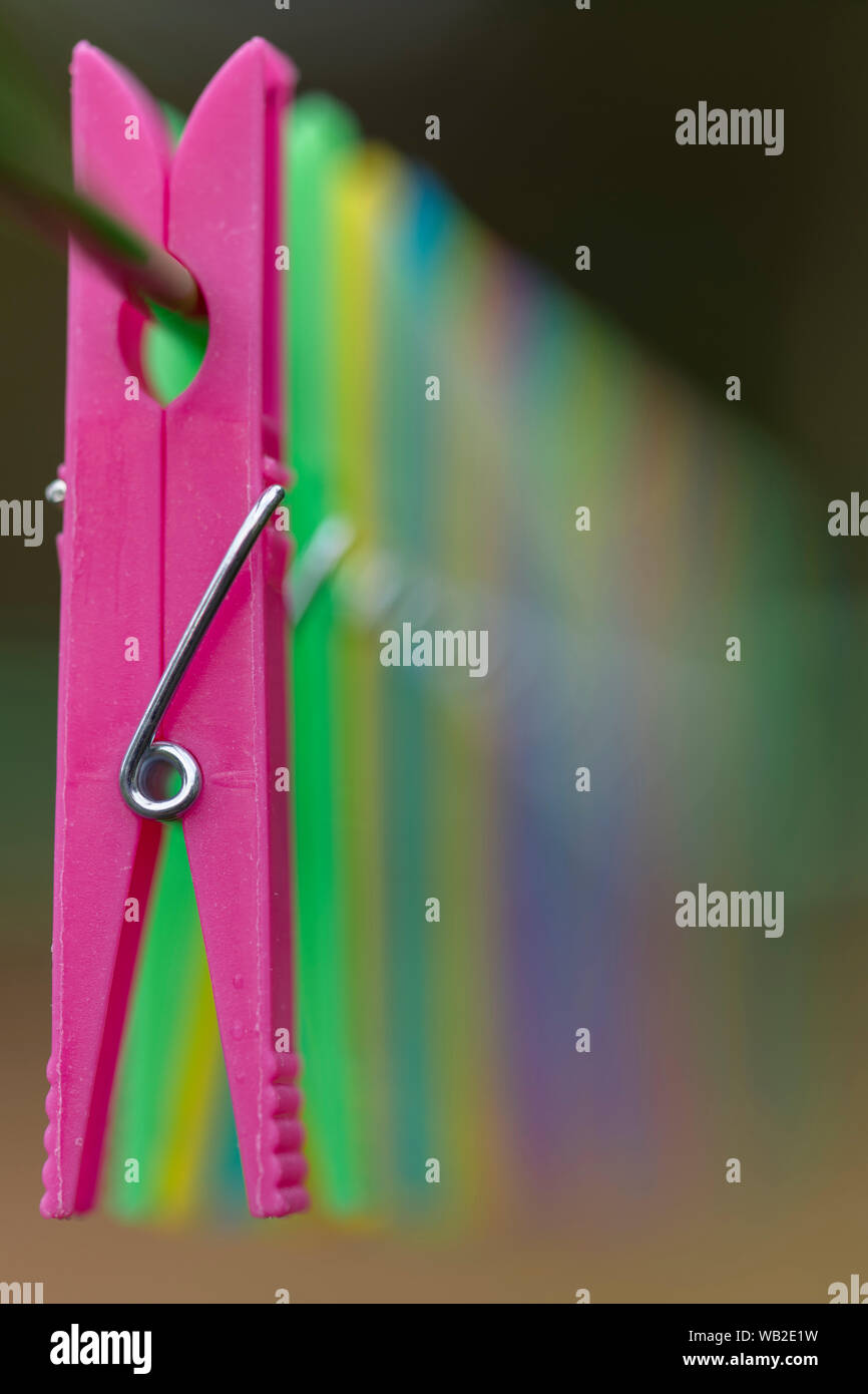 Colored clothes pegs in a row on a drying rack with little depth Stock