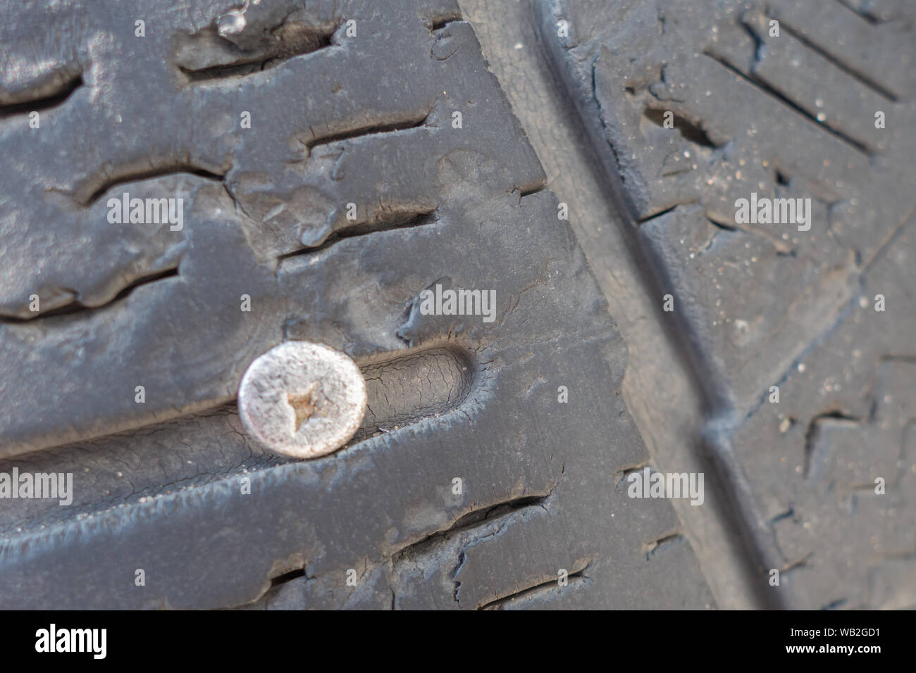 Nail or screw in a car wheel. Punctured tire. Unforeseen situation