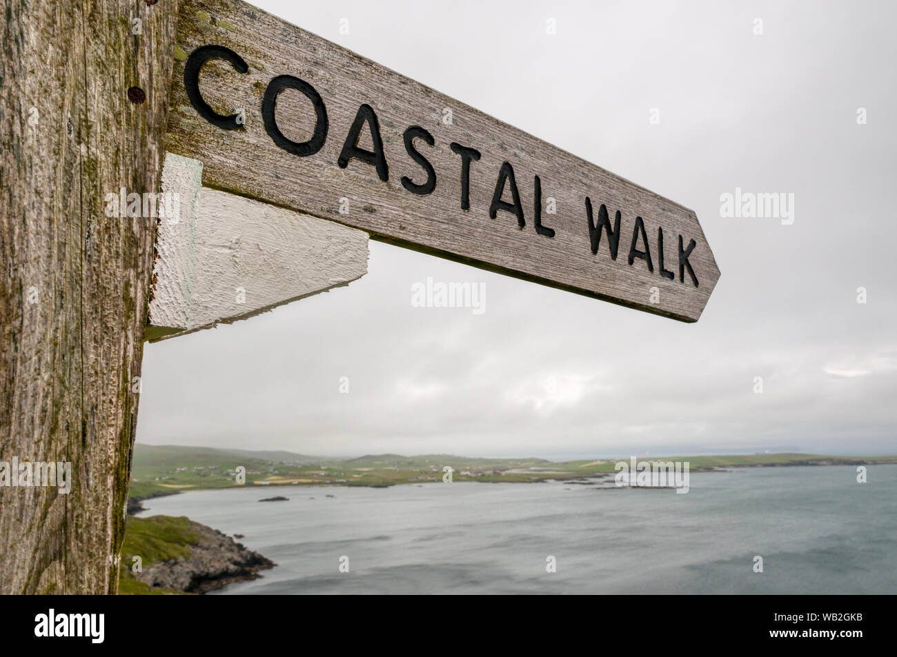 A Coastal Walk sign on the south of Shetland Mainland. Stock Photo