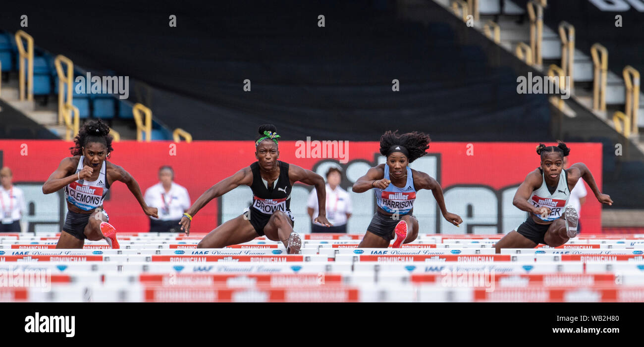BIRMINGHAM, ENGLAND - AUGUST 18: Christina Clemons (USA) Janeek Brown (JAM) Kendra Harrison (USA) Megan Tapper (JAM) competing in the Women’s 100m Hur Stock Photo
