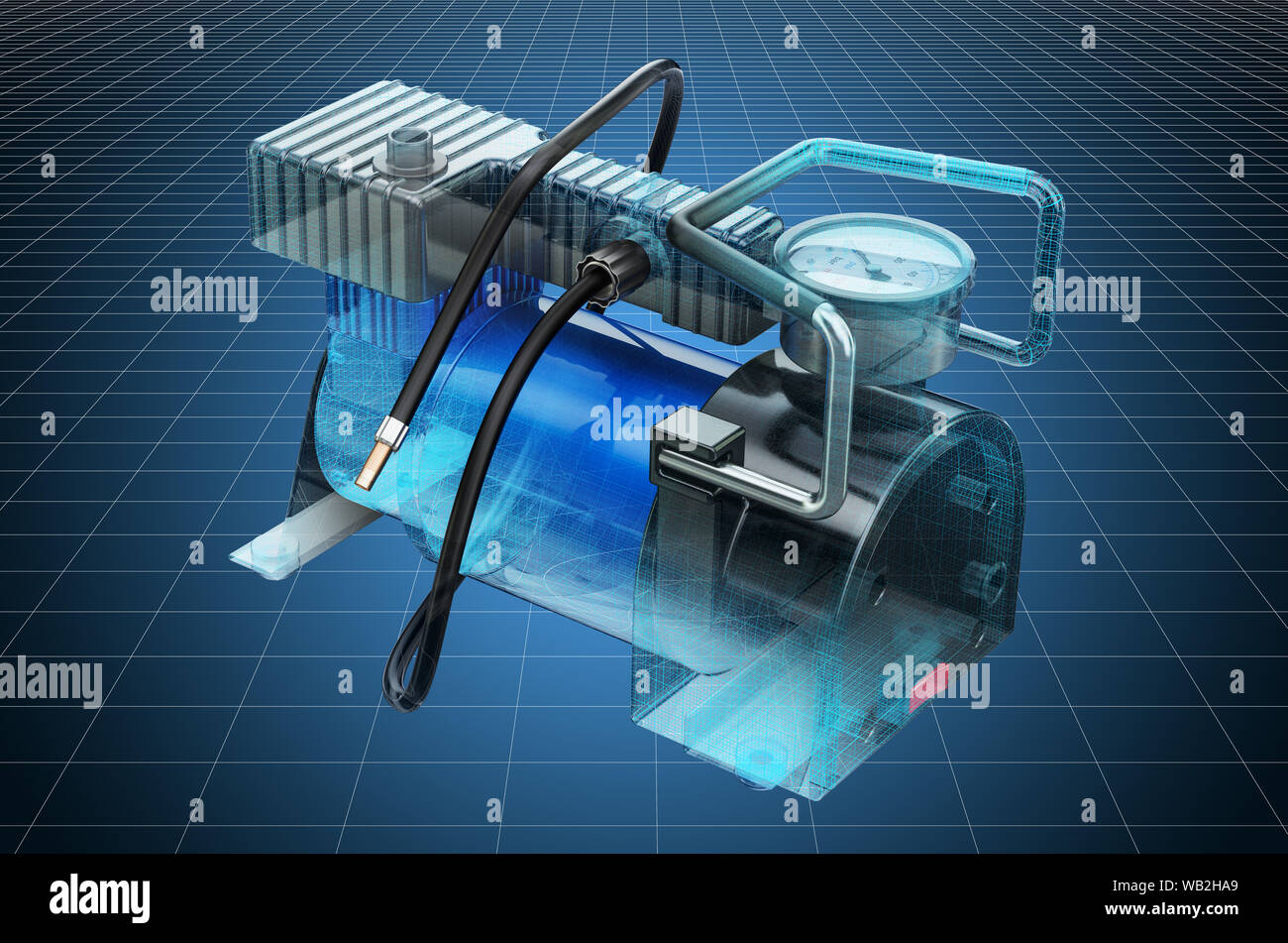 Visualization 3d cad model of car portable electric air compressor, blueprint. 3D rendering