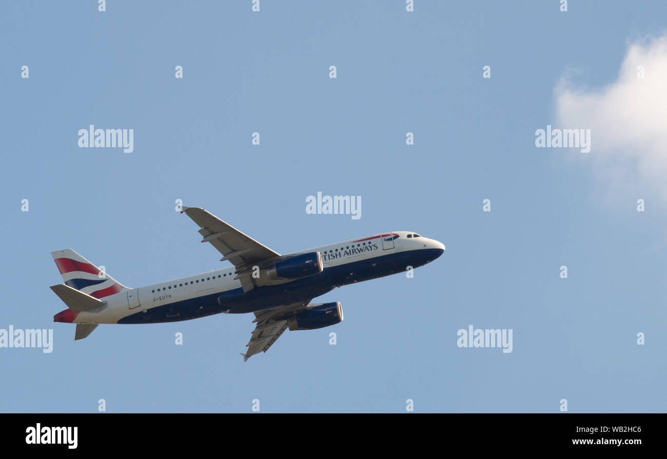 London, UK. 23rd August 2019. BA planes take off from Heathrow Airport shortly after the British Airline Pilots Association (BALPA) announced it has given notice to British Airways that it will call on its members to strike on 9th, 10th and 27th September 2019. Credit: Peter Manning/Alamy Live News Stock Photo