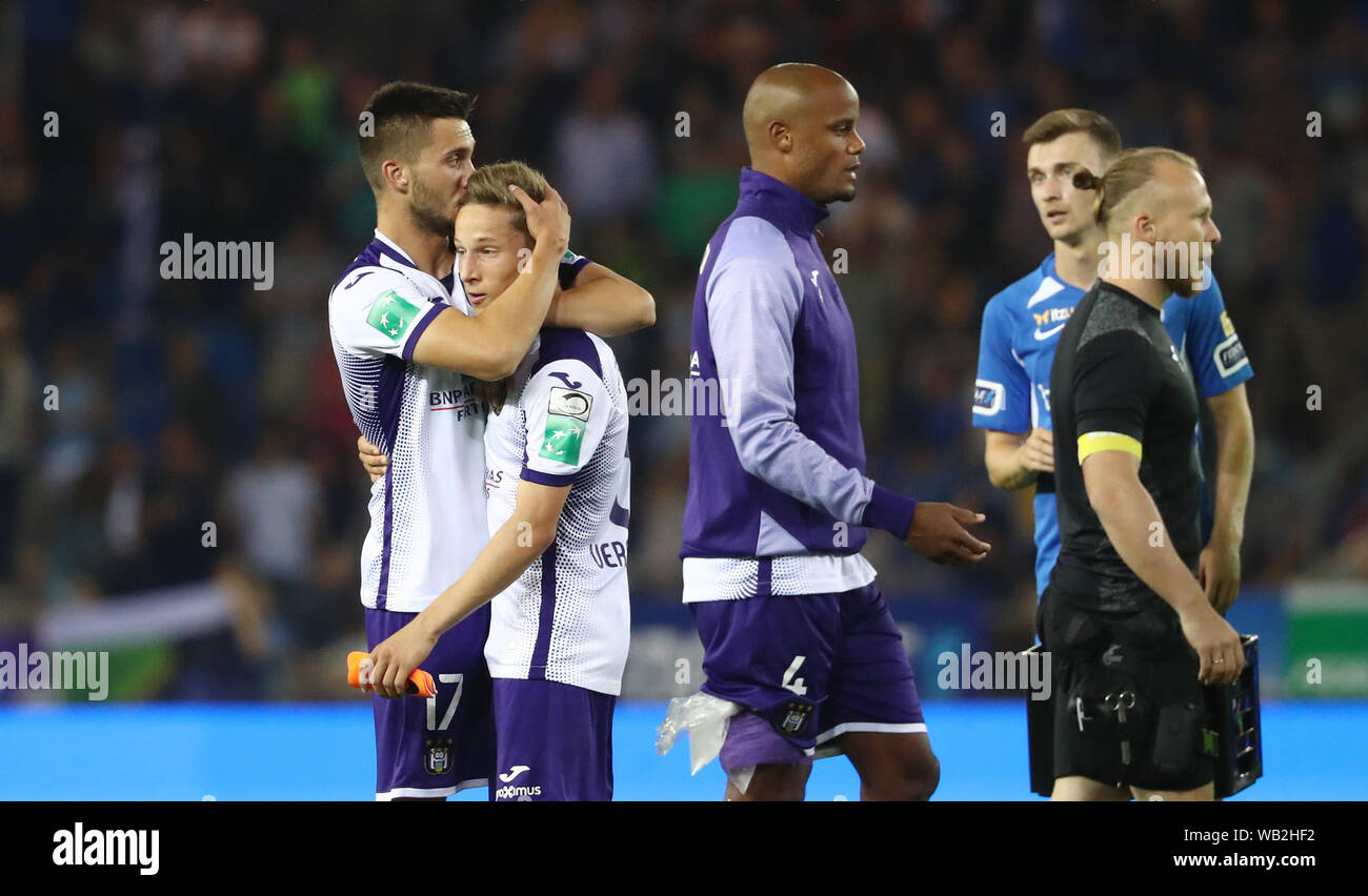 GENK, BELGIUM - AUGUST 23: Luka Adzic of Anderlecht and Yari Verschaeren of  Anderlecht look dejected during the Jupiler Pro League match day 5 between  KRC Genk and RSC Anderlecht on August