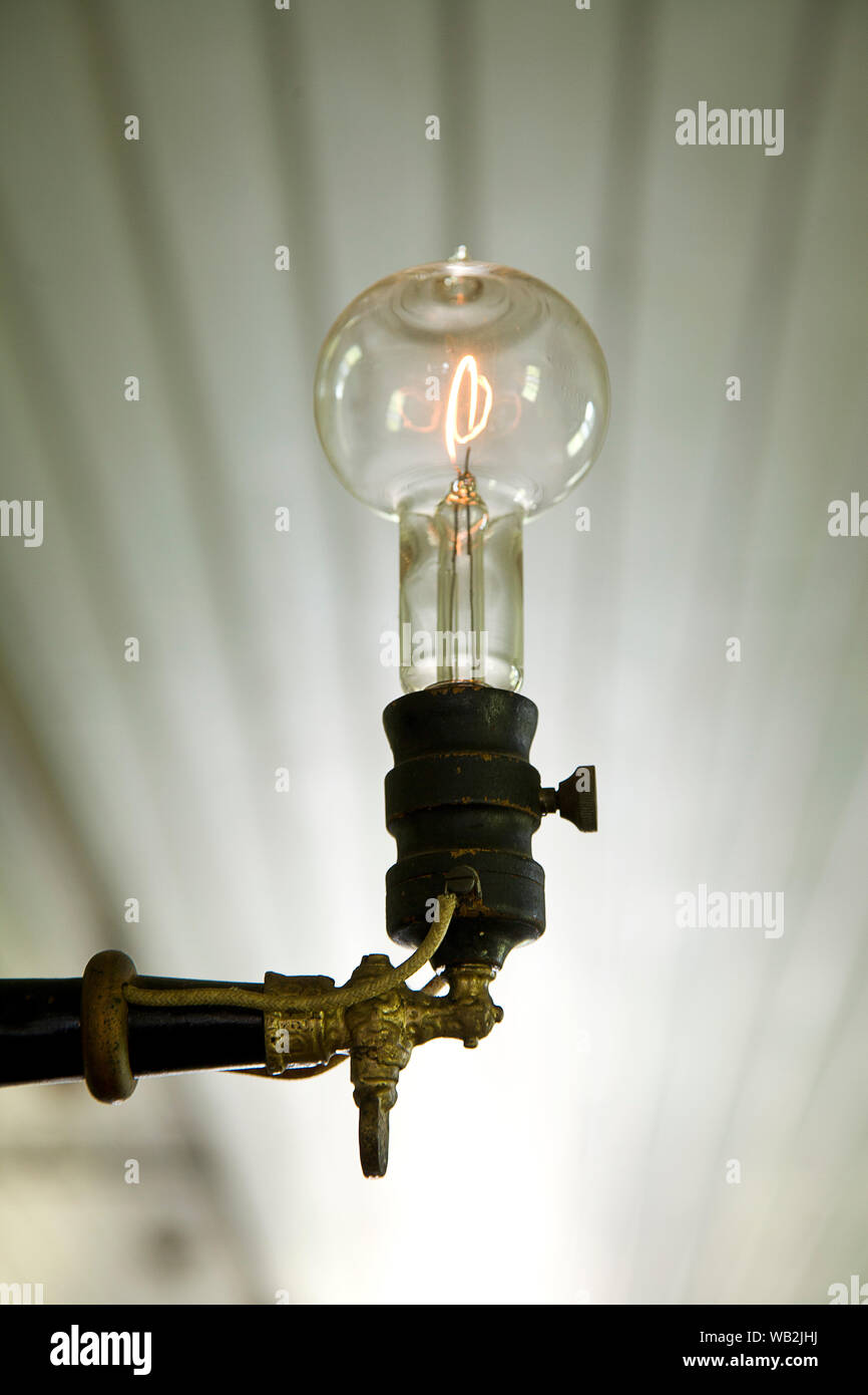 Dearborn, Michigan, USA. 17th Aug, 2019. Aug 17, 2019, Dearborn, Michigan, United States; A light bulb burns in The Thomas Edison laboratory which was reconstructed at Greenfield Village which is a history museum with period buildings and Historic places which were relocated such as Thomas Edison's Menlo Park research facility and the Wright Brothers Cycle Shop and home all on a campus created by the car magnate Henry Ford and first opened in 1929 in Dearborn, Michigan. Credit: Ralph Lauer/ZUMA Wire/Alamy Live News Stock Photo