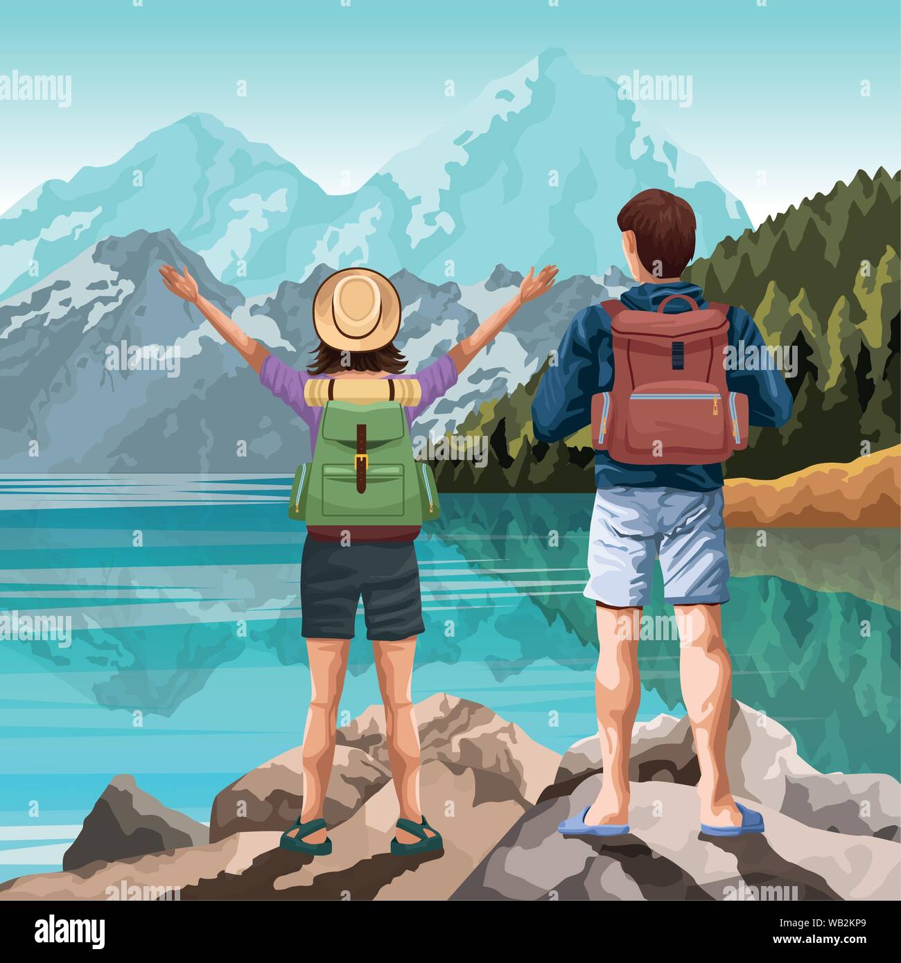 Backpack traveler couple in nature cartoons drawing art Stock Vector Image  & Art - Alamy