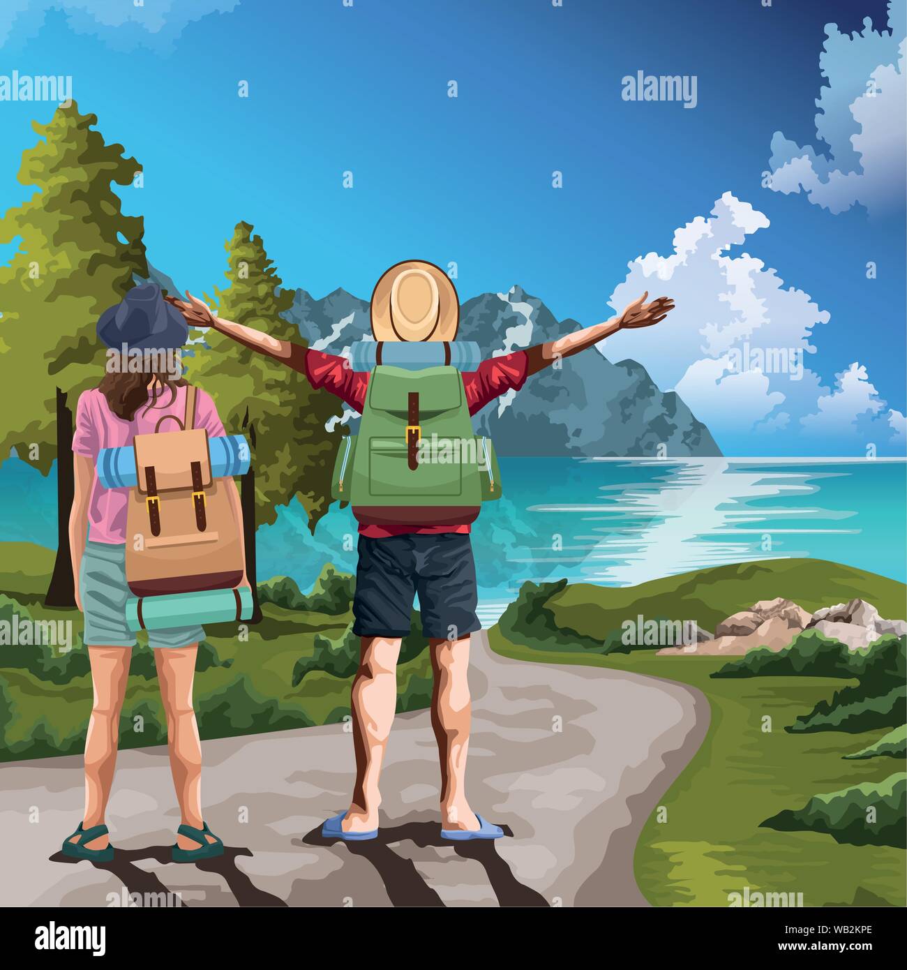 Backpack traveler couple in nature cartoons drawing art Stock Vector Image  & Art - Alamy
