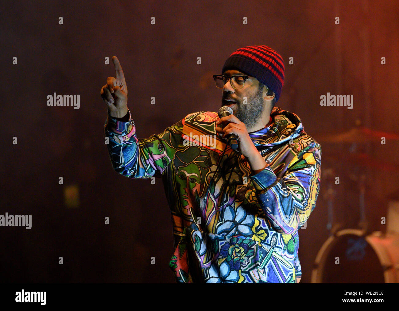Jamel, Germany. 23rd Aug, 2019. Samy Deluxe performs on the first evening of the 13th open-air music festival 'Jamel rocks the forester'. The two-day music festival against right-wing violence, xenophobia and hatred is held in the Lohmeyer family garden. Credit: Rainer Jensen/dpa/Alamy Live News Stock Photo