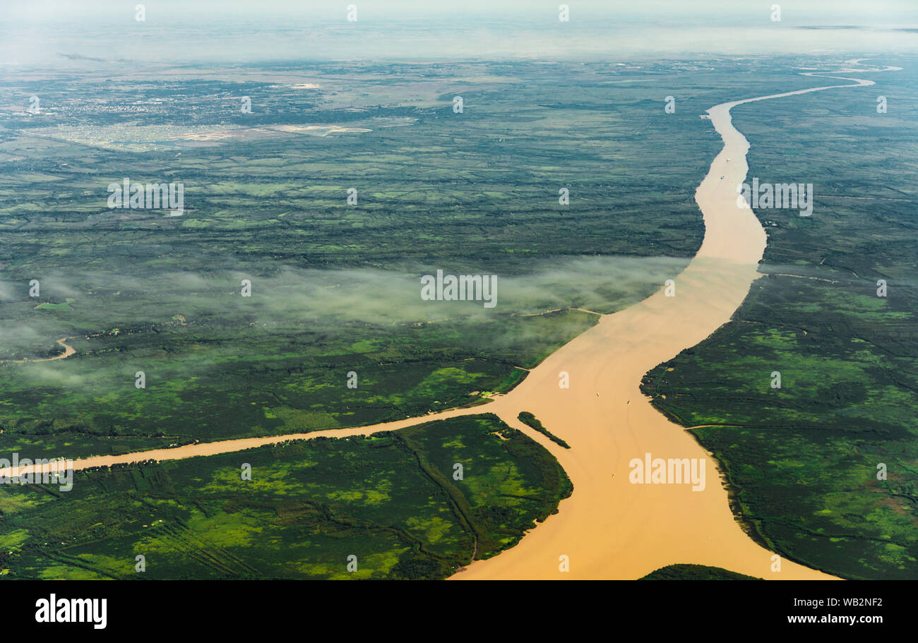 Landscape aerial view of colorful Amazon rivers, forest, jungle, and fields Stock Photo