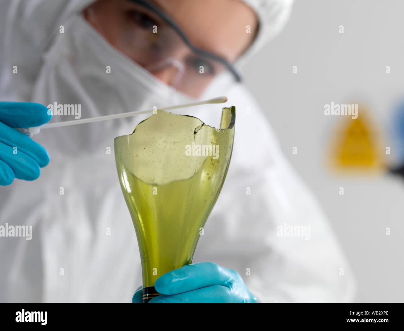 Forensic scientist collecting evidence by taking a DNA (deoxyribonucleic acid) swab from scene of crime bottle. Stock Photo