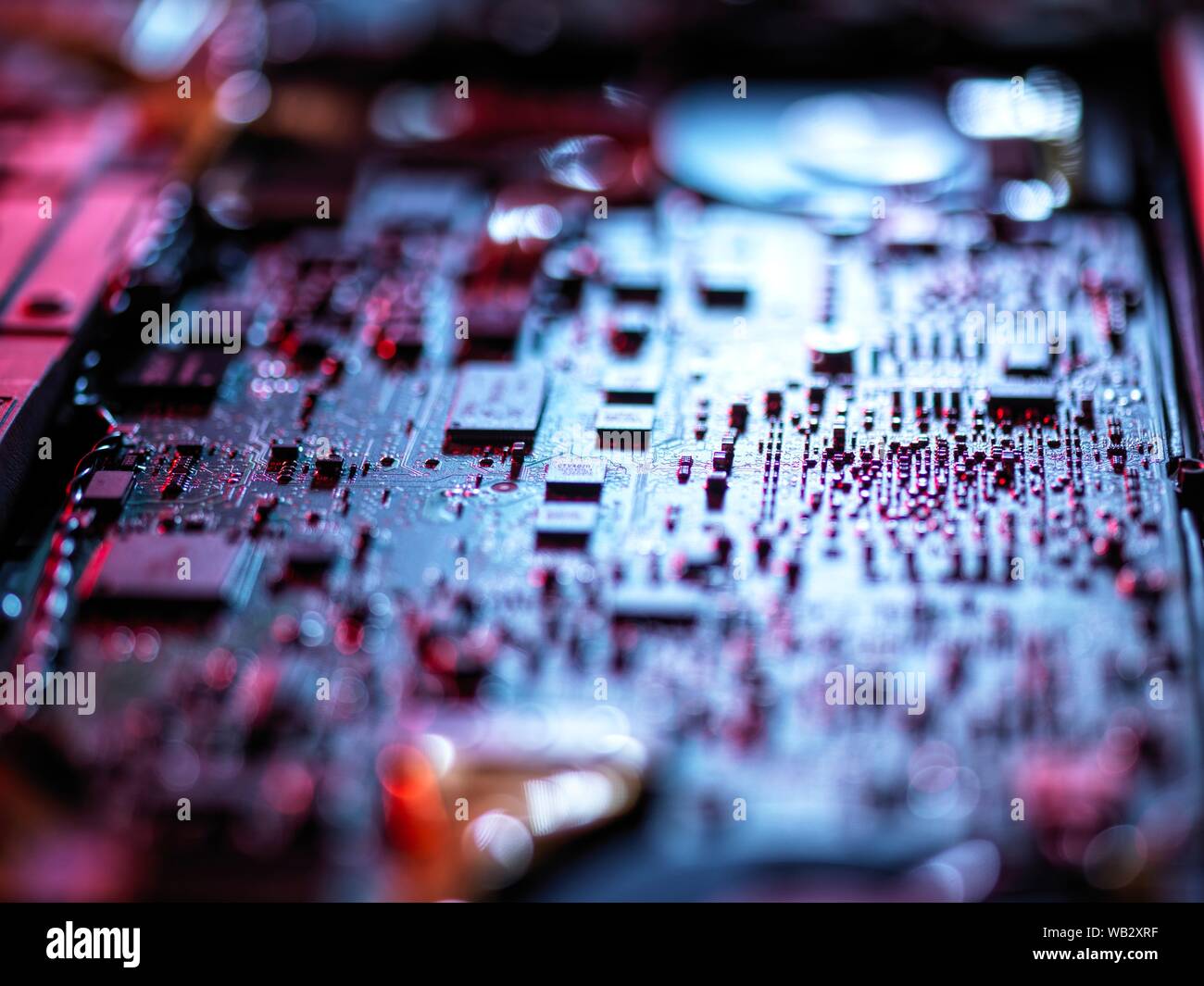 Computer hardware. Interior of a laptop computer showing chips, circuit