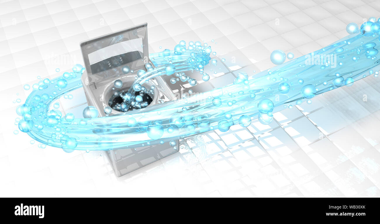 Top view of clothes washing machine with the door open, inside it comes a blue water jet in the form of a spiral with bubbles floating over the floor Stock Photo