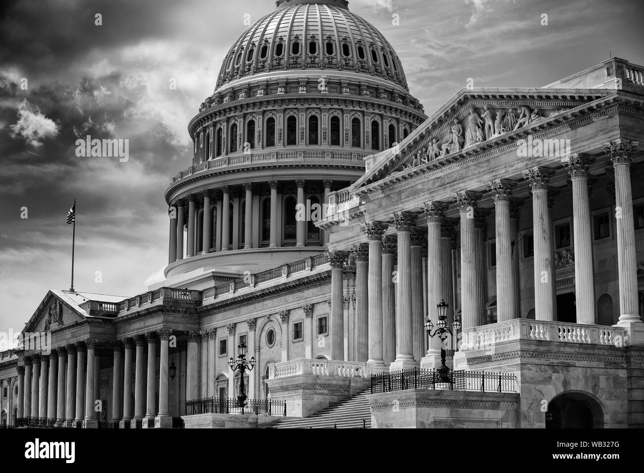 Empty black and white exterior view of the US Capitol Building in Washington DC, USA Stock Photo