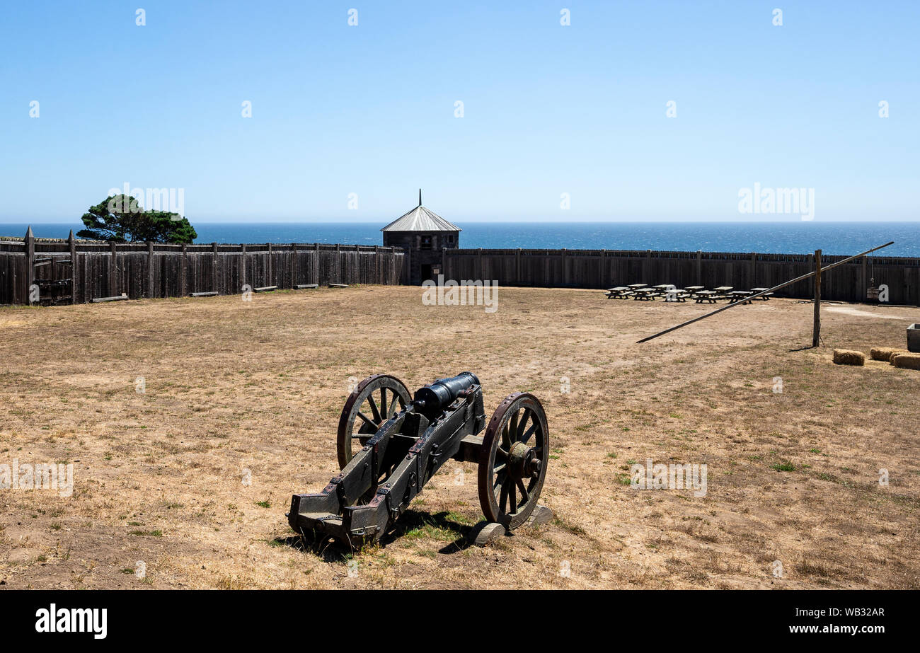 Fort Ross, CA - August 12, 2019: A view of Fort Ross defensive wooden walls and watch tower, located on the US Pacific Coast next to the present day t Stock Photo