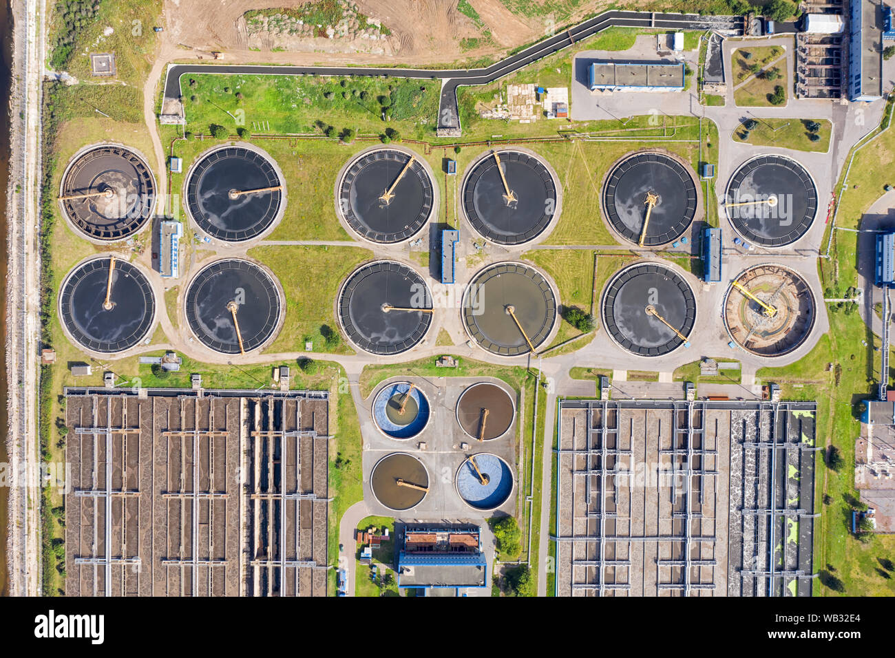 City sewage treatment plant. Water cleaning facility top aerial view Stock Photo