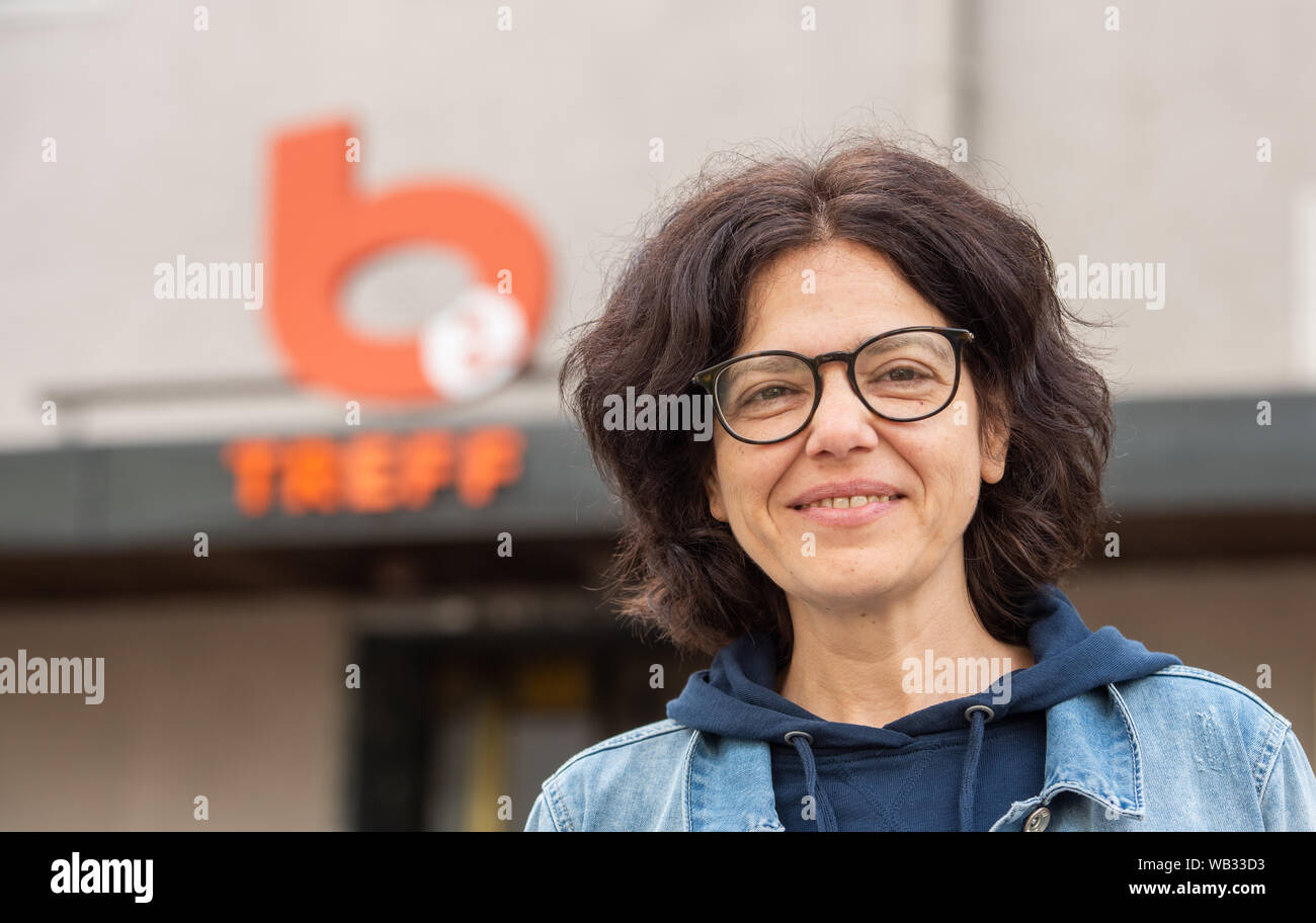 Augsburg, Germany. 16th July, 2019. Social worker Katrin Wimmer is standing in front of the addict meeting place. The Social Service of Catholic Men (Sozialdienst katholischer Männer, SKM), together with the drug help service, runs the 'Subject' point at Oberhauser Bahnhof. Credit: Stefan Puchner/dpa/Alamy Live News Stock Photo