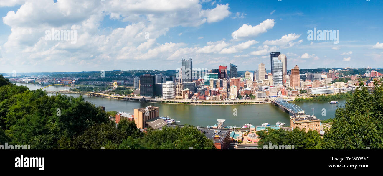 A panoramic view of the skyline of the city of Pittsburgh, Pennsylvania, that runs along the Monongahela River. Stock Photo