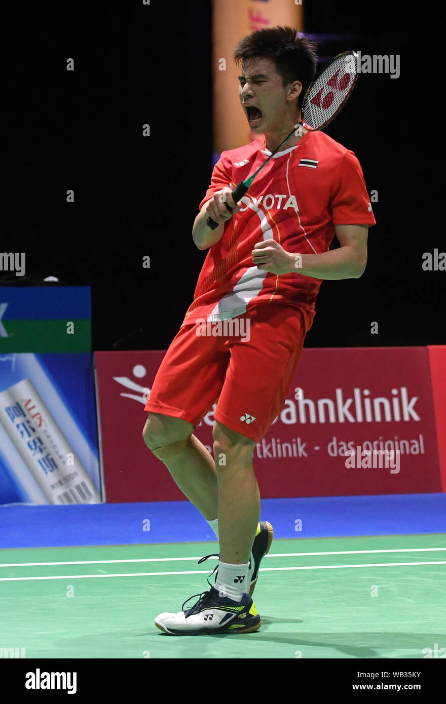 Basel, Switzerland. 23rd Aug, 2019. Kantaphon Wangcharoen of Thailand  celebrates after the men's singles quarterfinal match against Chou Tien  Chen of Chinese Taipei at the BWF Badminton World Championships 2019 in  Basel,