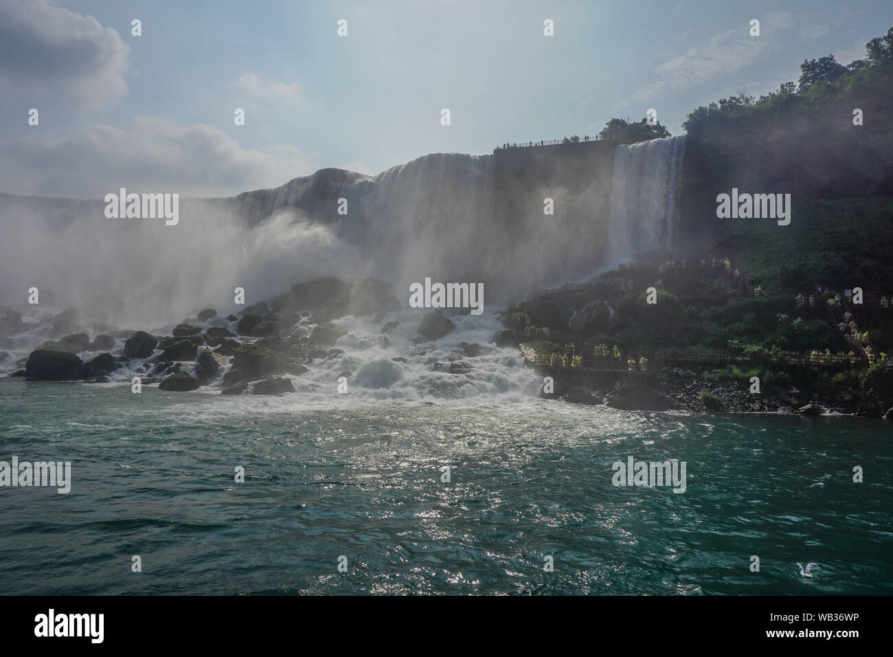 Niagara Falls Ny Tourists In Yellow Raincoats At The Cave Of The Winds Stairs And Platforms At The Foot Of The Bridal Veil Falls On Goat Island Stock Photo Alamy