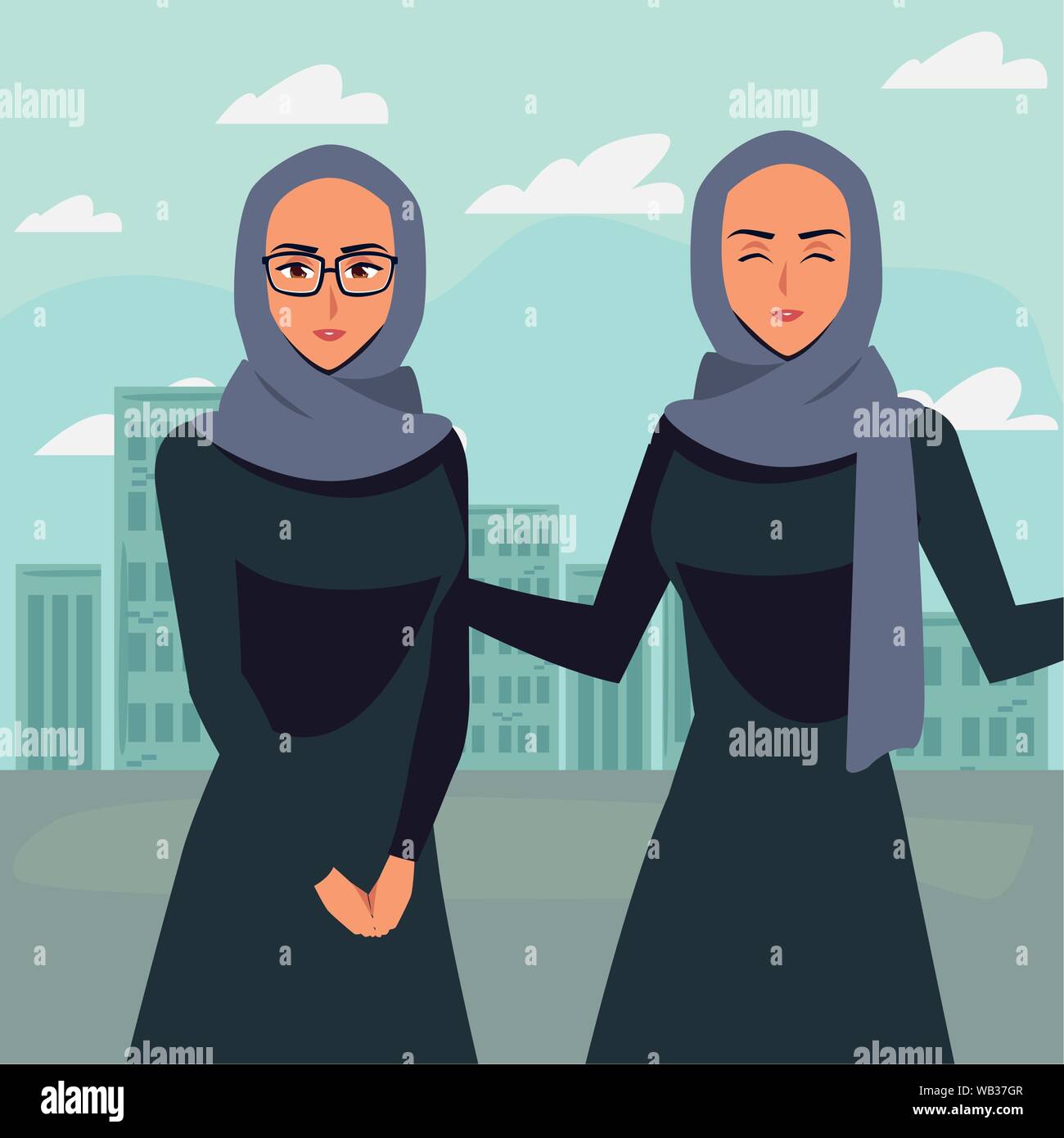 arab women group in a hijab city street background vector illustration ...