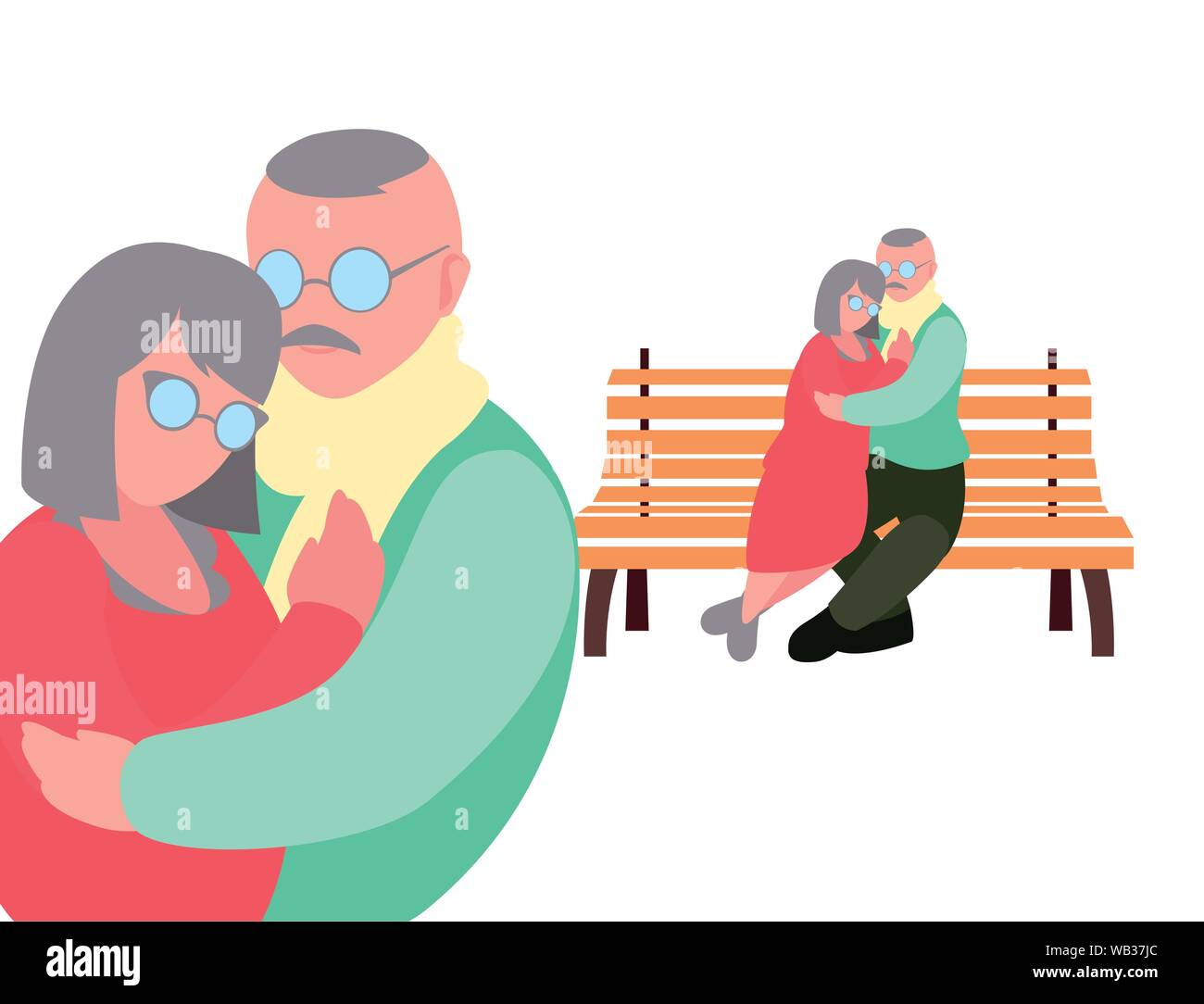 grandpa and grandma sitting on a bench and others hugging - happy ...