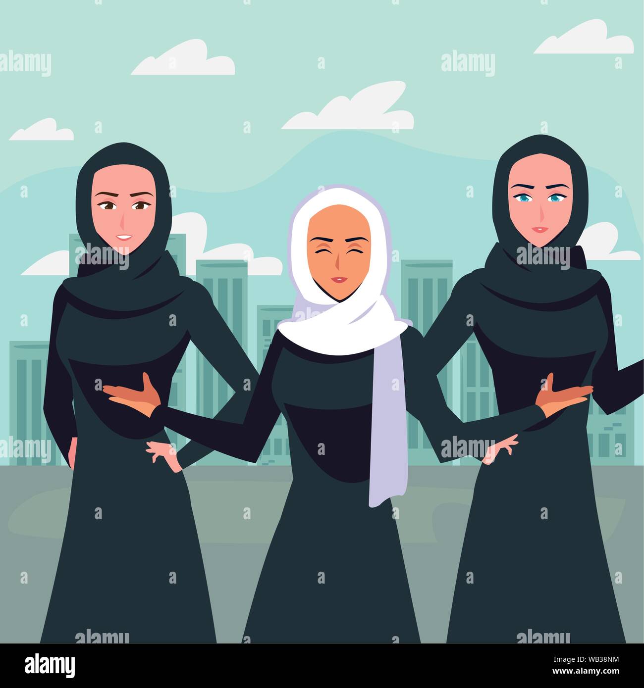 arab women group in a hijab city street background vector illustration ...