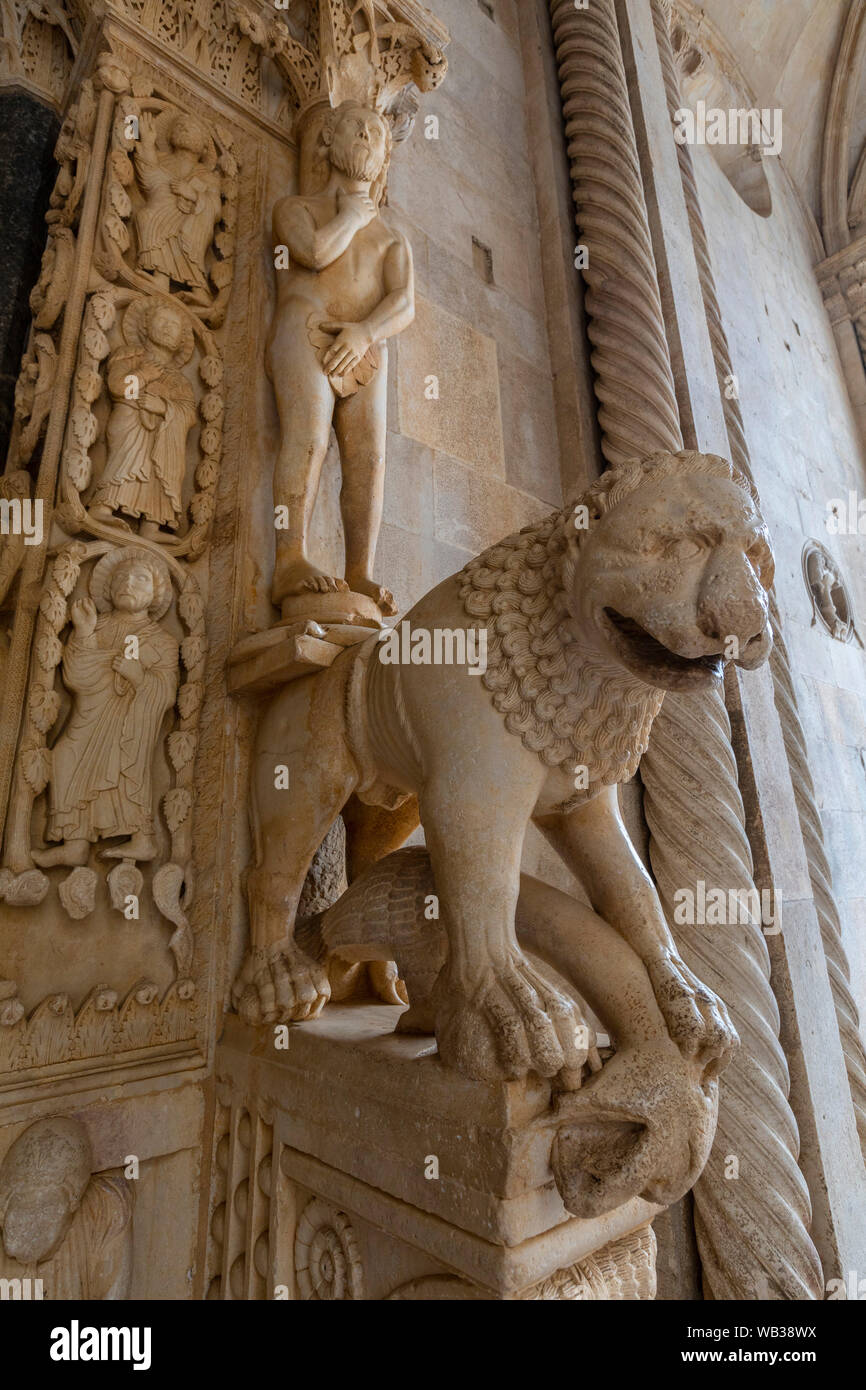 Stone Carving Outside The Cathedral of St. Lawrence, Trogir, Croatia, Europe Stock Photo