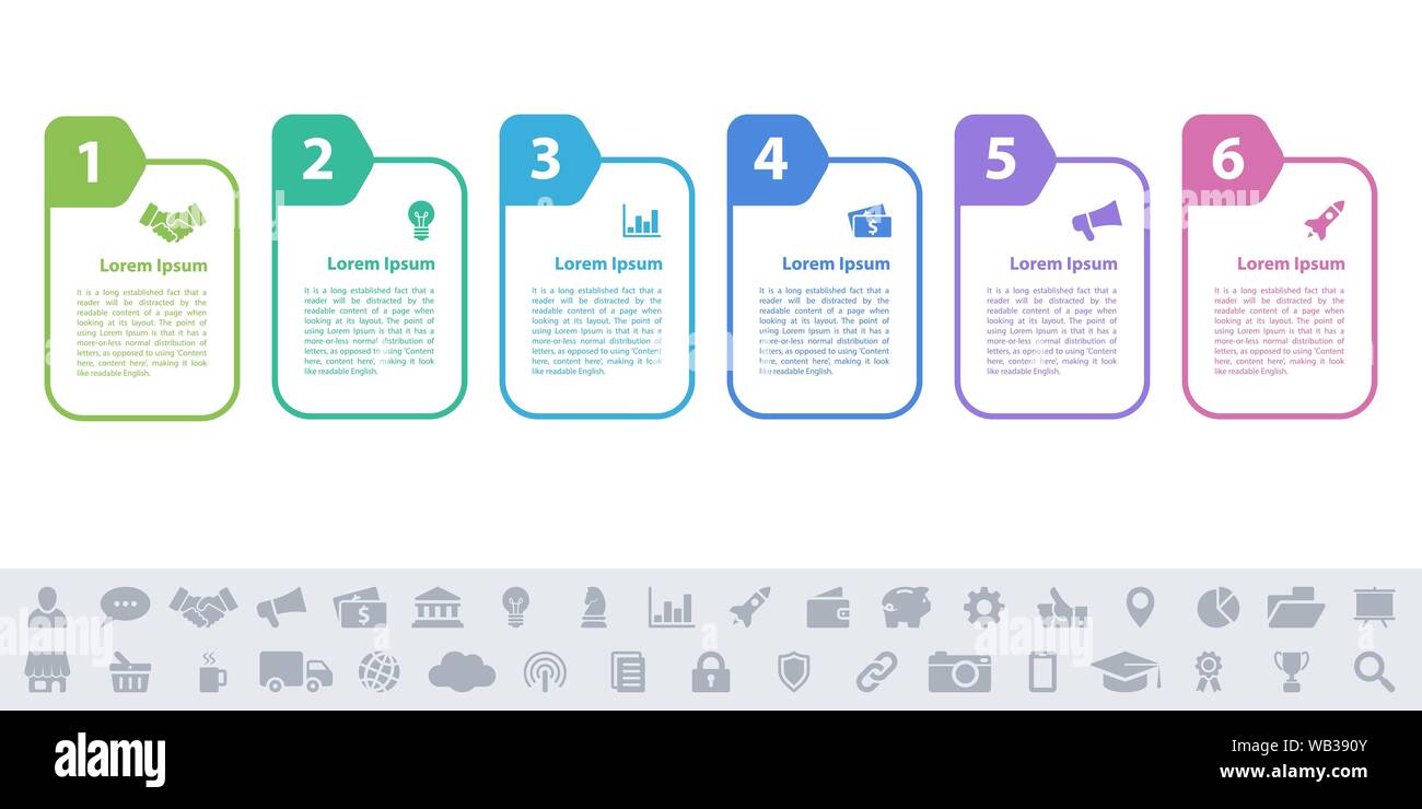 Business infographic design template with 6 steps or options using for process diagram, workflow layout, flow chart, infograph and banner Stock Vector
