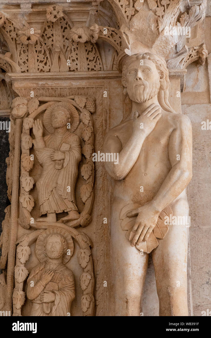 Carvings Outside The Cathedral of St. Lawrence, Trogir, Croatia, Europe Stock Photo