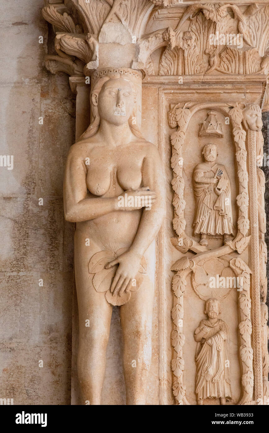 Carvings Outside The Cathedral of St. Lawrence, Trogir, Croatia, Europe Stock Photo