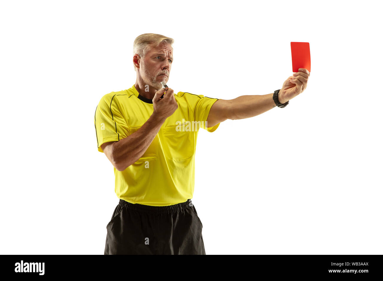 Referee Showing A Red Card To A Displeased Football Or Soccer Player While Gaming Isolated On White Studio Background Concept Of Sport Rules Violation Controversial Issues Obstacles Overcoming Stock Photo - Alamy