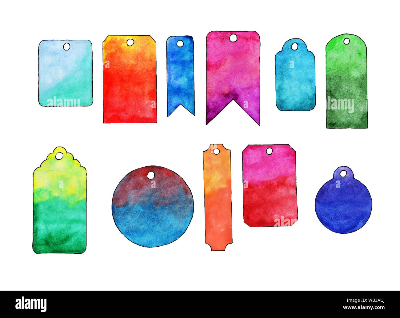 set of tags of different colors gradients watercolor on white background Stock Photo