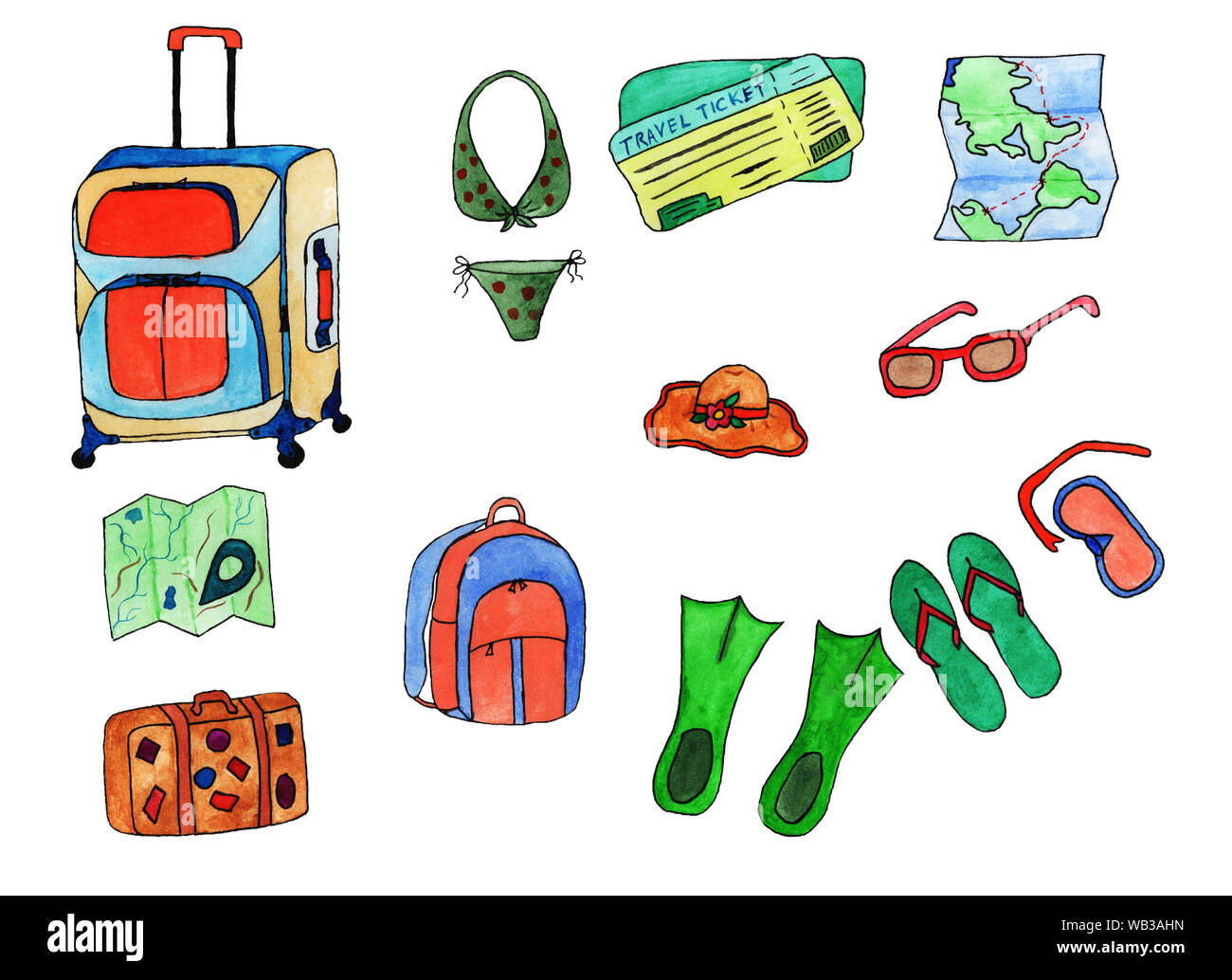 a set of drawings for all travel watercolor on a white background different color suitcase swimsuit for a plane ticket hat map and backpack sunglasses Stock Photo