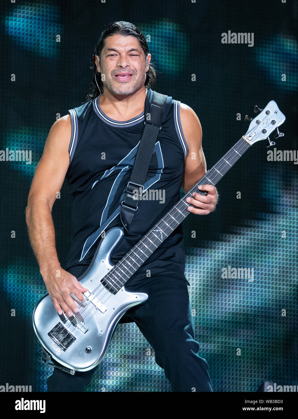 Munich, Germany. 23rd Aug, 2019. Robert Trujillo, bassist of the US metal  band Metallica, stands on stage in the Olympic Stadium. The band performs  as part of their "World-Wired-Tour". Credit: Sven Hoppe/dpa/Alamy