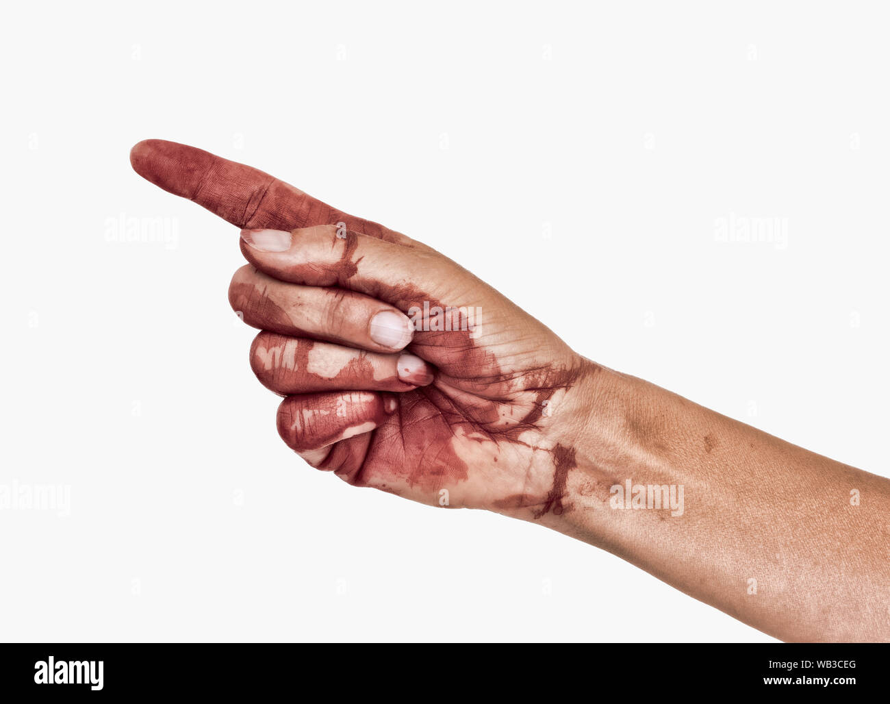 Bloody hand, pointing, blame or accusation, isolated on white. Female. Stock Photo