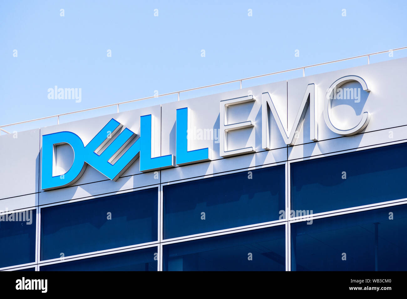 July 30, 2019 Santa Clara / CA / USA - Close up of DellEmc logo at their headquarters in Silicon Valley; DellEmc is an American multinational informat Stock Photo