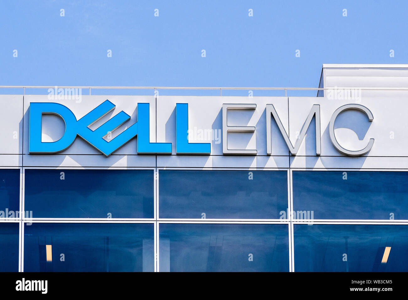 July 30, 2019 Santa Clara / CA / USA - Close up of DellEmc logo at their headquarters in Silicon Valley; DellEmc is an American multinational informat Stock Photo