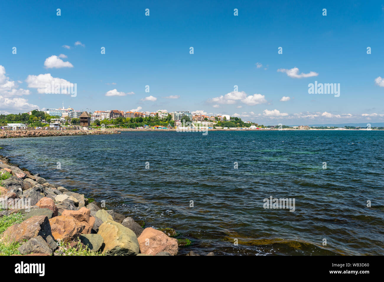 Sunny Beach, Bulgaria July 15, 2019. Hotels and houses on the shores of the Black Sea in Sunny Beach seen from afar. Stock Photo