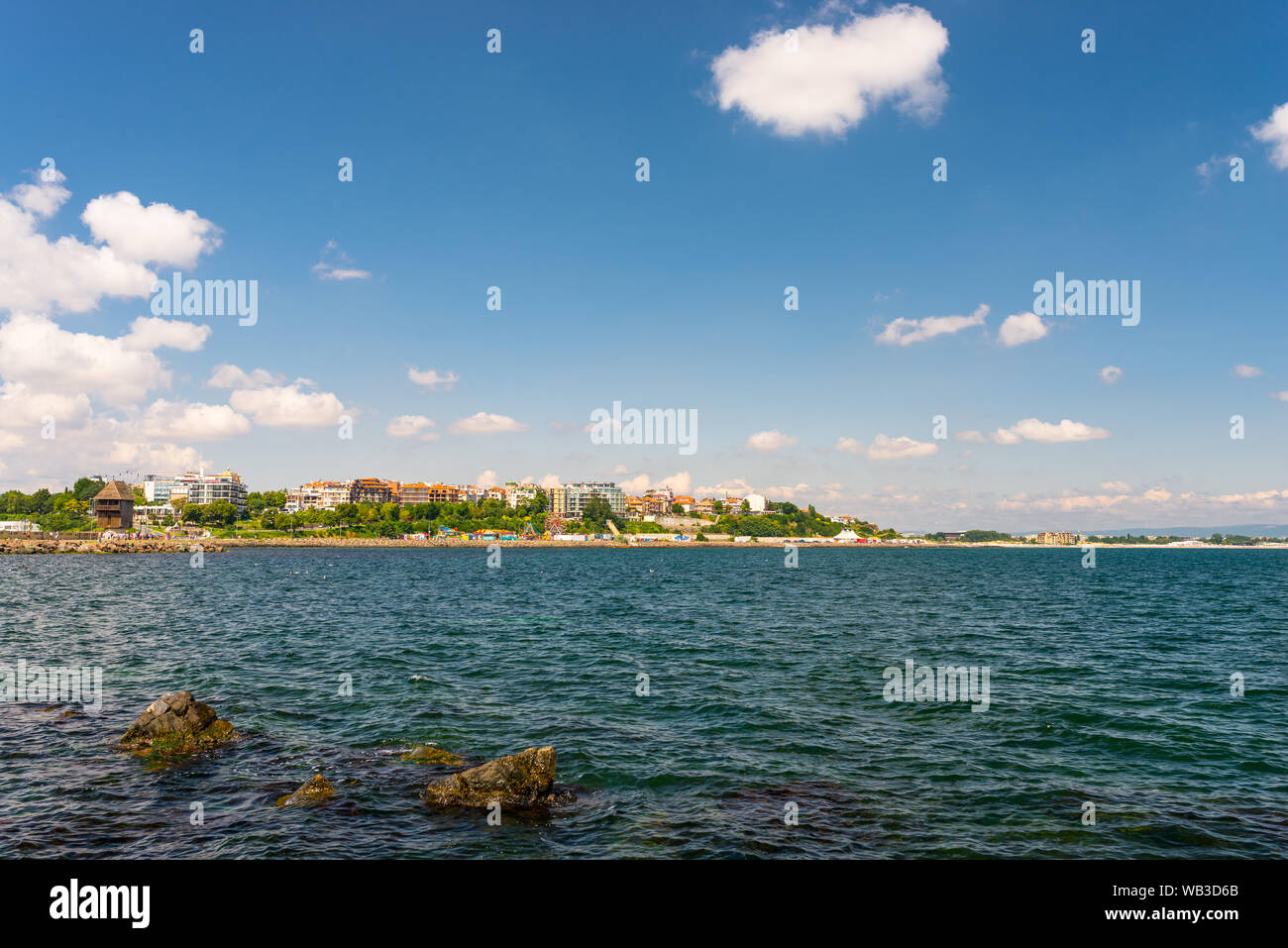 Sunny Beach, Bulgaria July 15, 2019. Hotels and houses on the shores of the Black Sea in Sunny Beach seen from afar. Stock Photo