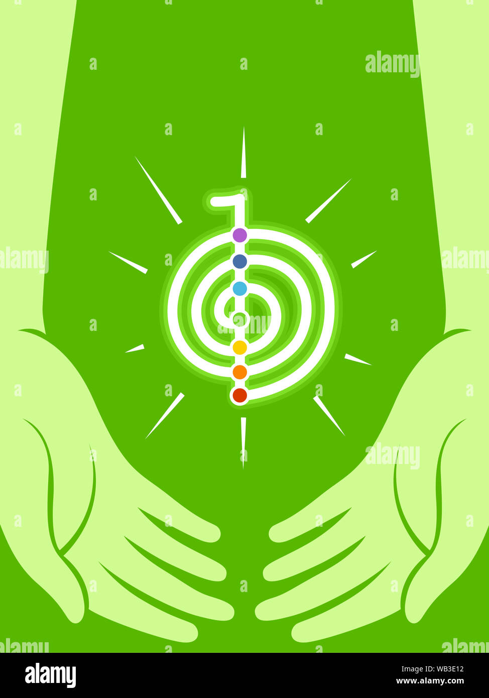 Illustration of Hands with Reiki Symbol and Seven Chakra Energy Dots Stock Photo