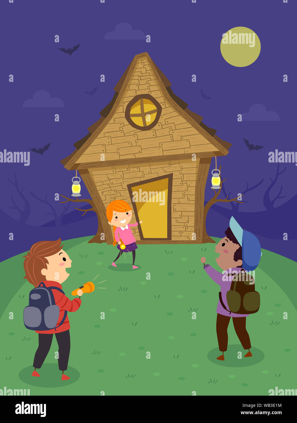 Illustration Of Stickman Kids Outside A Witch House At The Top Of The Hill With Bats And The Full Moon Stock Photo Alamy