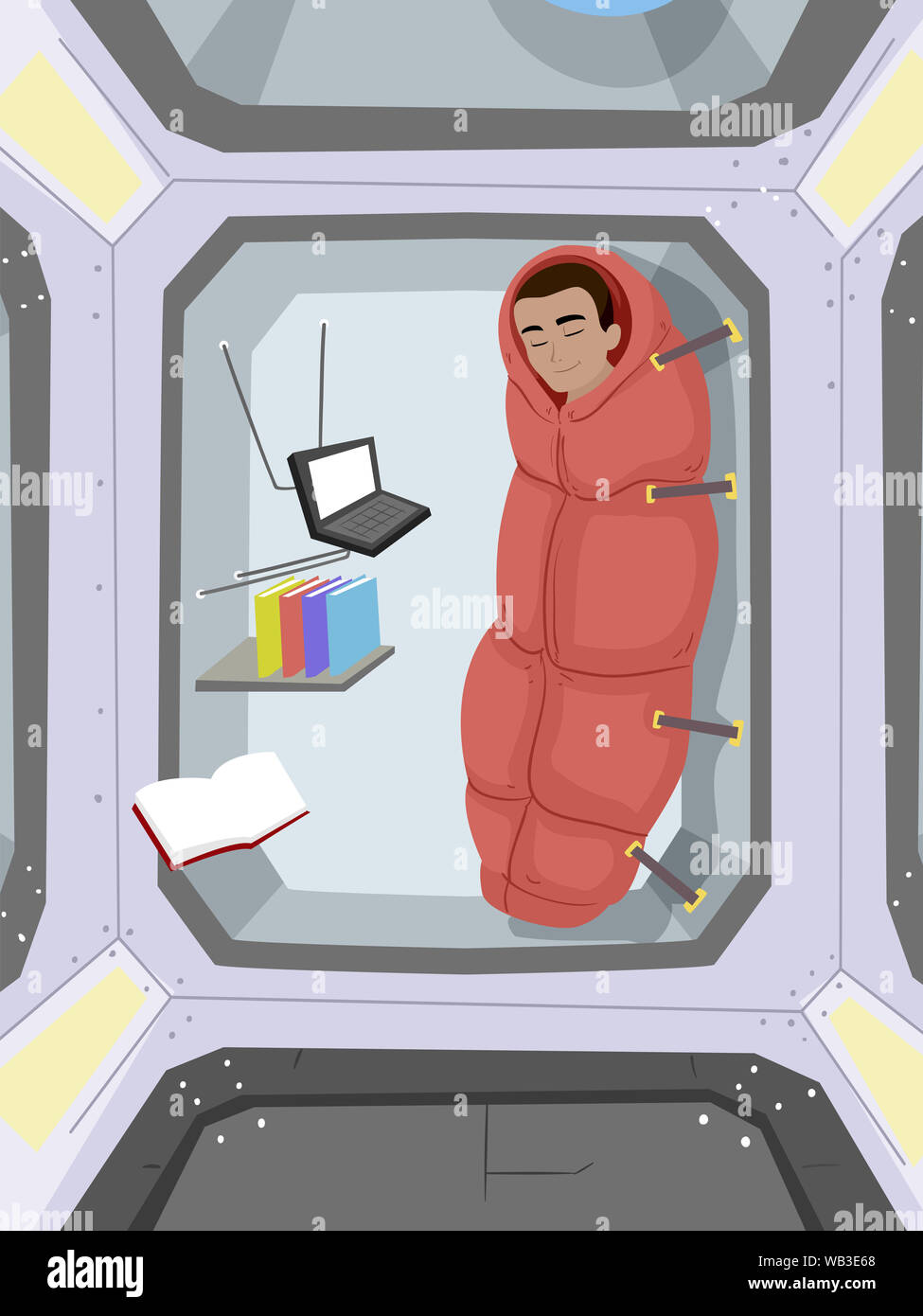 Illustration of a teenage guy sleeping in the space station stock photo 