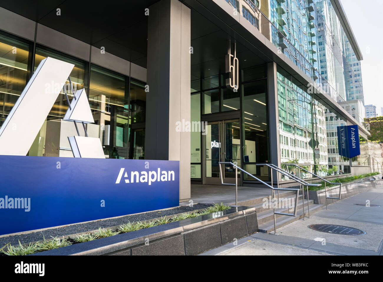 August 21, 2019 San Francisco / CA / USA - Anaplan headquarters in SOMA district; Anaplan is a software company producing a cloud computing, multi-ten Stock Photo