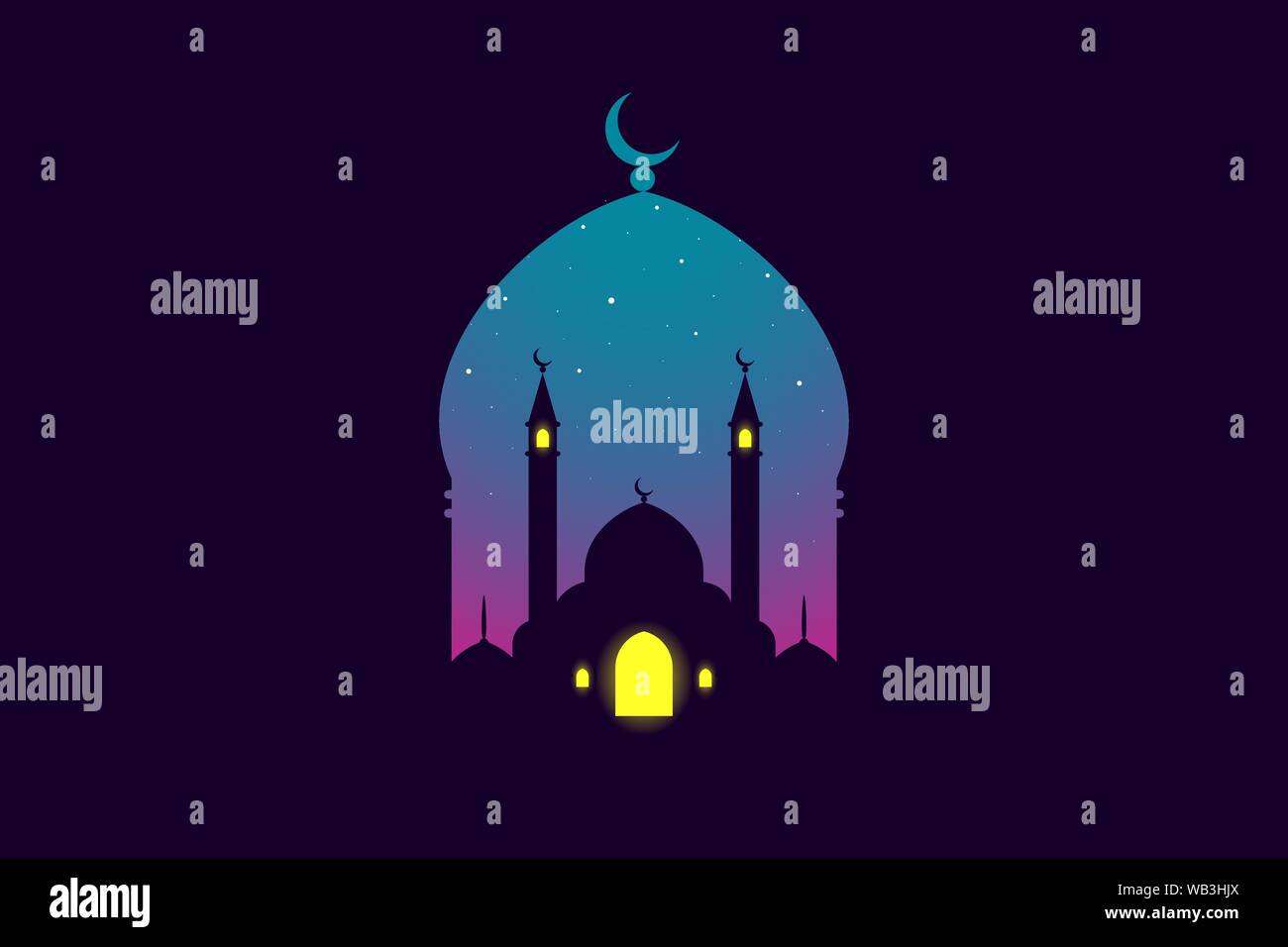 Mosque Silhouette In Night Sky With Moon And Abstract Light For Islam