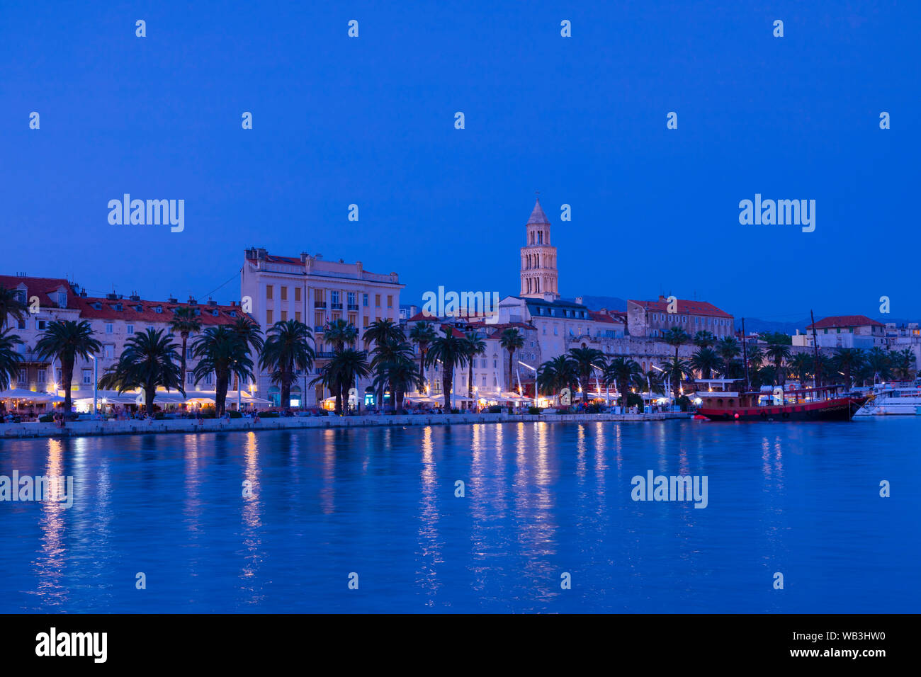 Split Harbour with Cathedral of Saint Domnius at Dusk, Split, Dalmatian Coast, Croatia, Europe Stock Photo