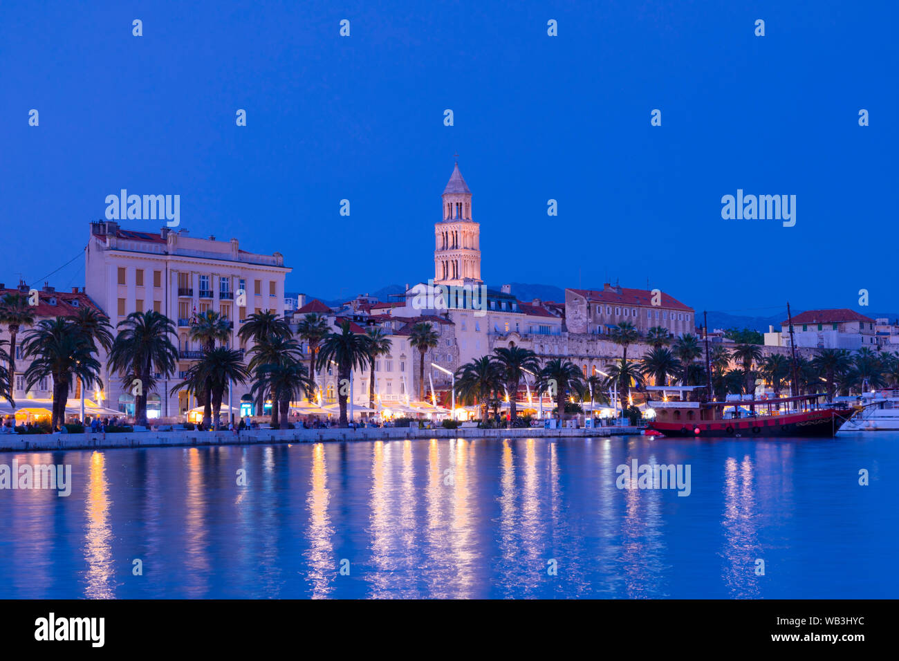 Split Harbour with Cathedral of Saint Domnius at Dusk, Split, Dalmatian Coast, Croatia, Europe Stock Photo